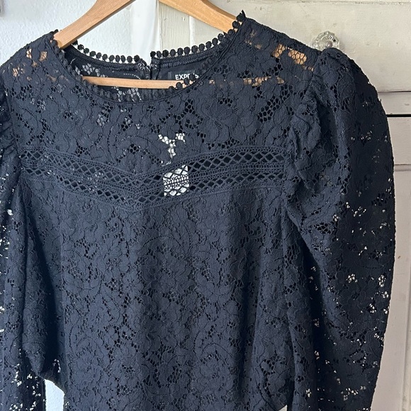 NWT Express | Women’s Black Lace Long Puffer Sleeves Cut Out Sides Dress Size XL - Picture 7 of 16